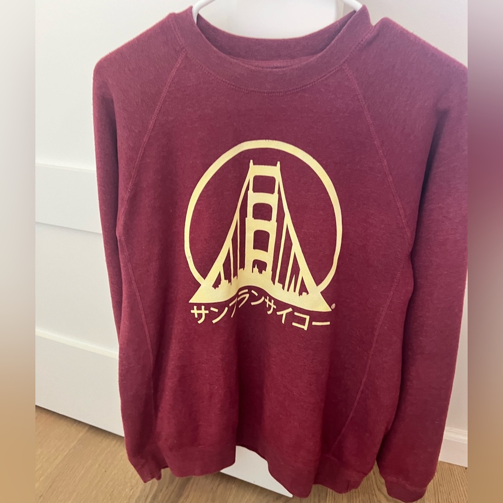 San FranPsycho Unisex Crewneck. Maroon & White Logo in Japanese. Discontinued.
